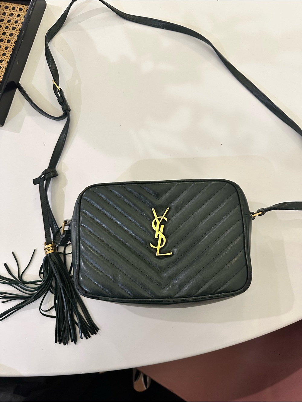 Saint Laurent Dark Green Chevron Quilted Camera Crossbody with Gold YSL